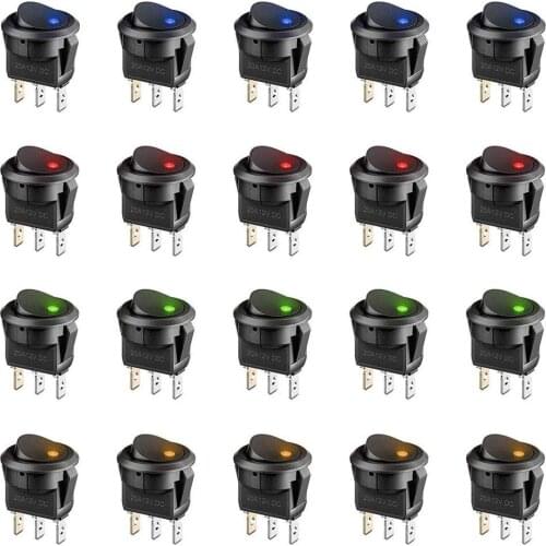 20Pcs 3 Pin 12V 20A Amps Car Truck Rocker Round Toggle LED Switch On-Off Control, Blue, Green, Yellow, Red