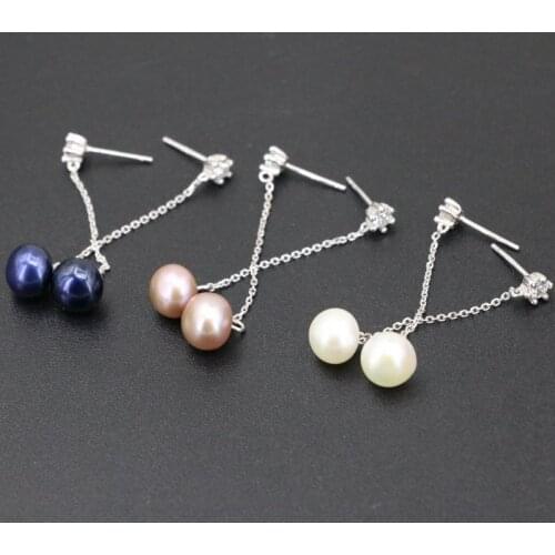 Sterling Long Drop Earring For Women 3 Colors Natural Freshwater Pearl 8mm Dangle Earrings 4cm Gifts Jewelry B3442