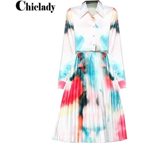 CHICLADY Gradient Aesthetic printed two pieces set long sleeve turn down collar blouse shirt lady +pleated midi skirt sets dress