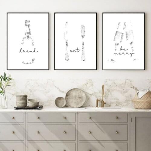 Kitchen Wall Art Posters and Prints Eat Drink Be Merry Quotes Canvas Painting Black White Pictures Scandinavian Style Decoration