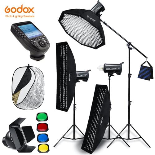 Godox 3X QT400II 400W Studio Strobe Flash Light with Built-in Godox 2.4G Wireless X System+Xpro Trigger+Light Stand+Boom Arm Kit