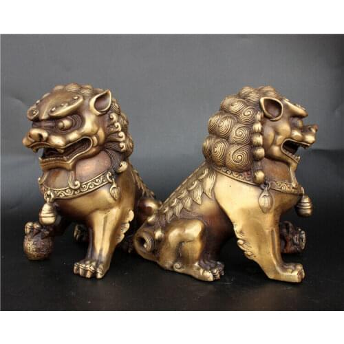Chinese Antique bronze Feng shui Fu Foo Dog Lion Statue Door god pair lions