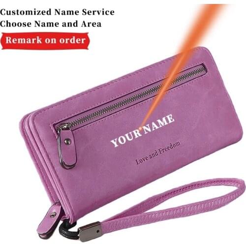Engraving Name Multiple Card Slots PU Leather Letter Women Simplicity Purse Long Wallet Zipper Phone Bag Christmas Present