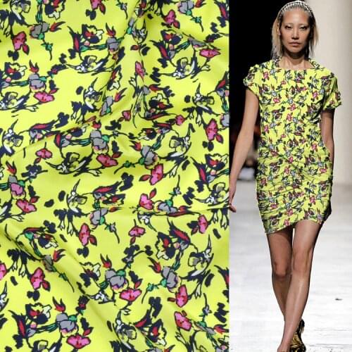 Mini floral on bright yellow bottom silk cotton blended fabric 15momme,SCT530