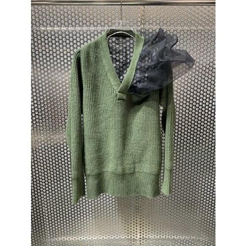 Fashion ladies 2021 new long sleeve sexy casual V-neck stitching lace sweater 1012