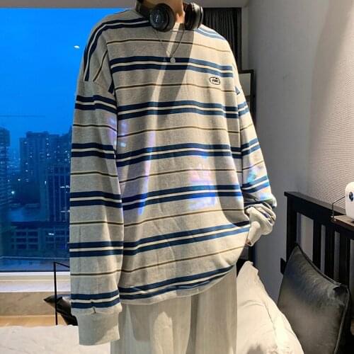 T-shirt mens striped long-sleeved Hong Kong style trend 2021 autumn and winter new tops ins handsome sweater