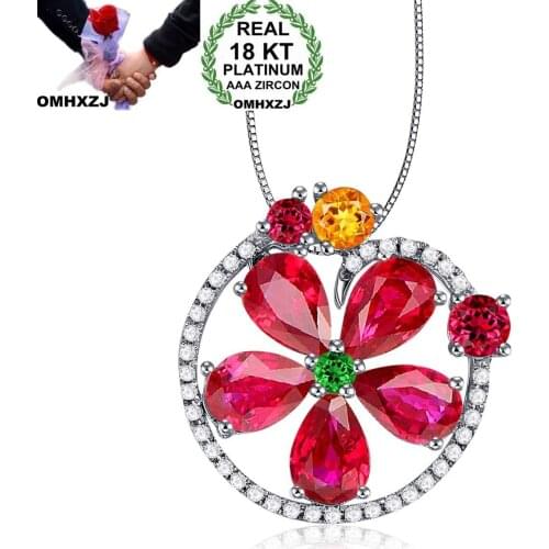 OMHXZJ Wholesale European Fashion Woman Girl Party Wedding Gift Flower Ruby Zircon 18KT White Gold Necklace Pendant Charm CA217