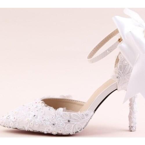Pointed lace rhinestone shallow mouth bridal wedding shoes, buckle with bow stiletto sandals, sweet adult gift fairy high heels