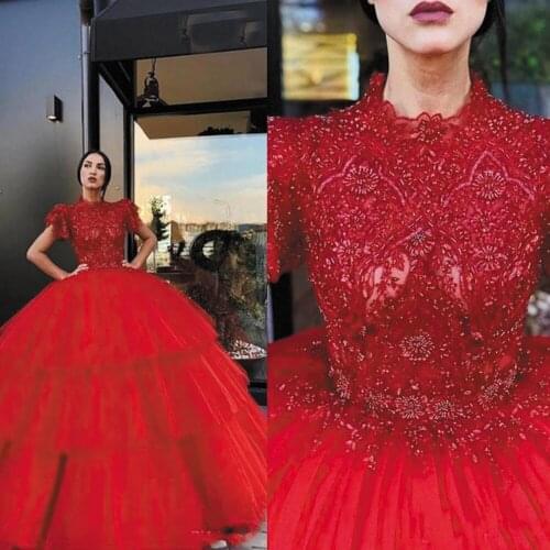 SuperKimJo Vestido Red Ball Gown Prom Dresses Lace Applique Beaded Cap Sleeve Elegant Tiered Elegant Prom Gown Abendkleider