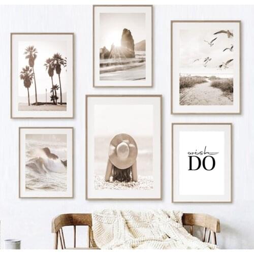 Sexy Girl Wave Seabird Boat Beach Grass Wood Way Wall Art Canvas Painting Posters And Prints Wall Pictures For Living Room Decor