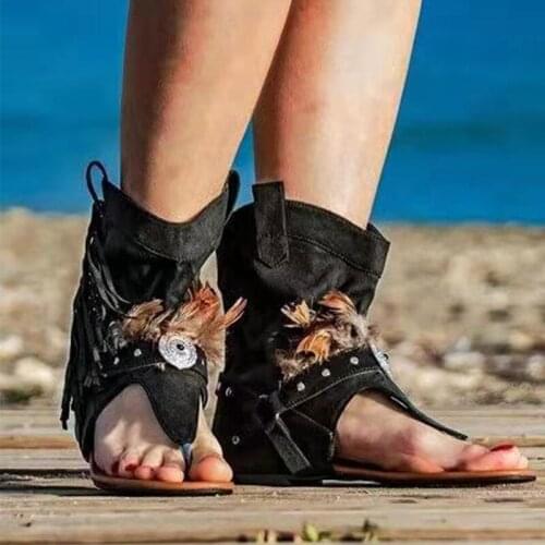 Summer womens retro tassel sandals ladies feather slippers comfortable sandals women shoes