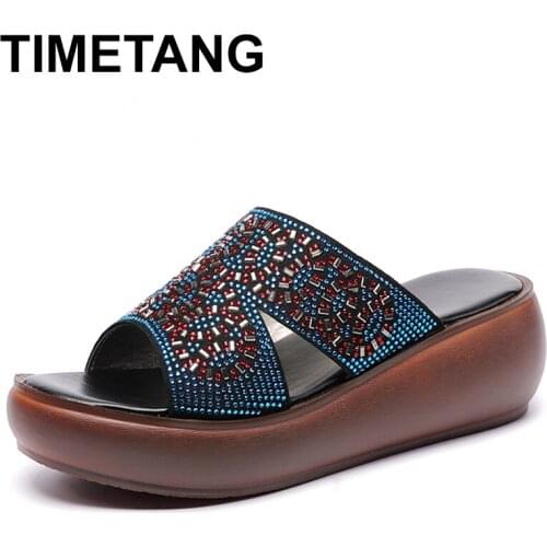 TIMETANG Size 35-40 Genuine Leather Slippers Womens Shoes Summer Platform Casual Rhinestone Sandals Slippers Woman