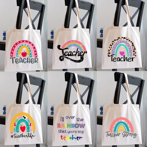 Rainbow Teacher Print Women Shopping Totes Female Canvas Shoulder Bags Storage Handbag Eco Reusable Foldable Pouch Teacher Gifts