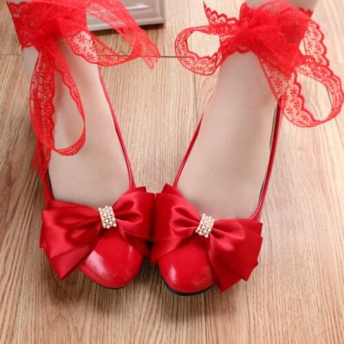 3cm heel red party shoes woman handmade ribbon bow bowtie lace straps bridal bridesmaid proms anniversary pumps shoes red