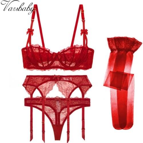 Varsbaby Sexy lace ultra-thin transparent 1/2 half cup bra set thong 4-piece set