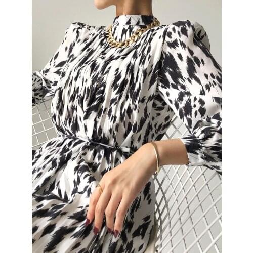 2021 Summer Spring Summer Office Lady Print Pleated Bandge Elegance Chiffon Dresses Vestidos