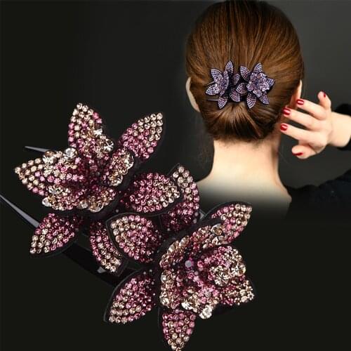 Rhinestone Double Flower Hair Clip Hair Crystal Peals Disk Hair Combs Female Elegant Beads Hairgrip Fashion Hair Accessories S/L