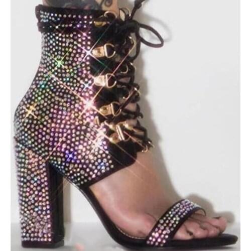 INS woman 2020 black rhinestones chunky heel lace up high top sandal crystal woman chunky heel sandal real photos large size 43