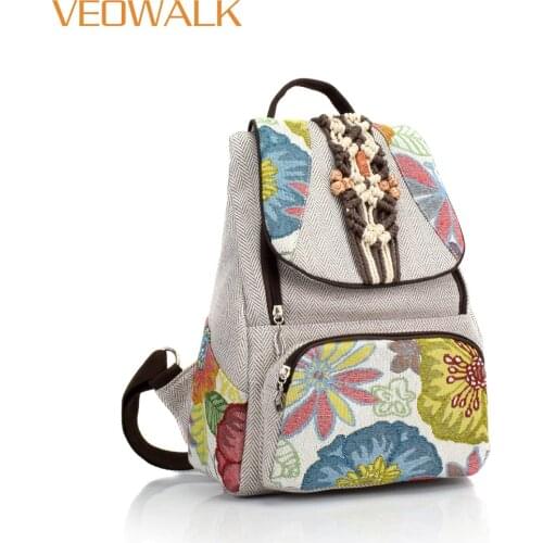Veowalk Light Grey Womens Small Canvas Backpacks, Ladies Floral Embroidered Rucksacks Woman Back Bag Handmade Back Pack