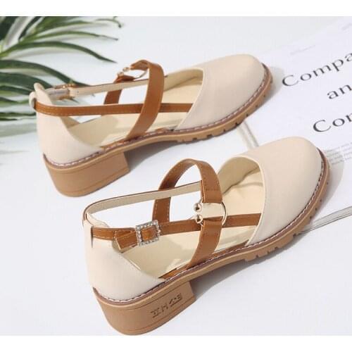 Baotou Womens Mid-Heel Sandals Korean Version Of All-Match Word Buckle Lace Student Shoes Thick Heel Roman Womens Shoes