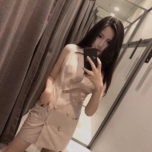 2019 New Design summer Khaki Dress Double-breasted Button Classic Office Ladies Slim Suit Sleeveless Mini Women Dresses Vestido