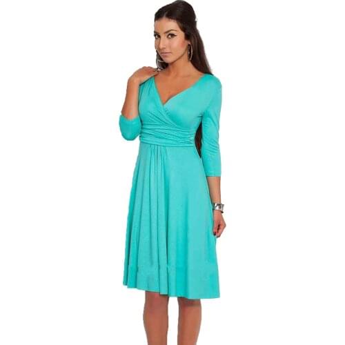 Ladies Dress V-Neck 3/4 Sleeve Rockabilly Swing Pleated Dress Ruched Hight Waist Casual Party Vestidos