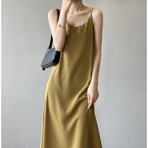 2021 Summer r Sling Adjustable Chiffon Dress Women Korean Loose V-neck Open Fork Spaghetti Strap Long Dress