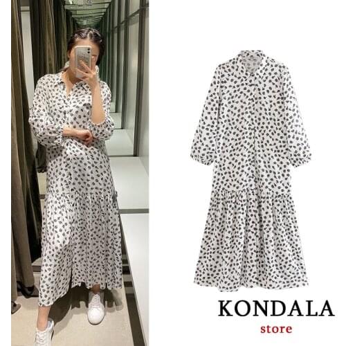 Women dress za 2020 vintage floral print ruffles shirt dress long sleeve loose mid-calf dresses female casual fashion vestidos