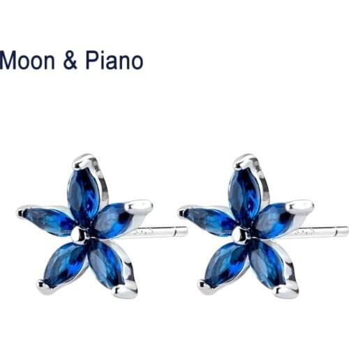 1 Pair S925 Silver Flower earrings Female Korean Sweet Blue Square Stud Earrings Asymmetric Design Show Women Personality