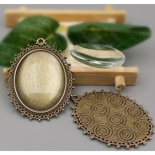 2 sets/lot 30X40mm Antique Bronze Oval Alloy Pendant Cameo base Setting +Clear Glass Cabochons Jewelry Accessories Combination