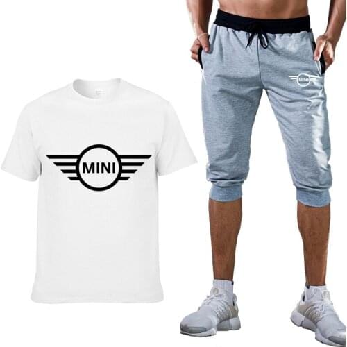 2020 New Summer Men T-Shirt Mini Car Logo printing Casual Short sleeve High quality Cotton Mens T-shirt+pants 2 piece suit