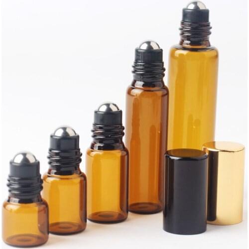 8pcs 1-10ML Amber Glass Roll On Bottle Empty Vial with Stainless Steel Metal Roller Ball for Essential Oils Perfume Aromatherapy