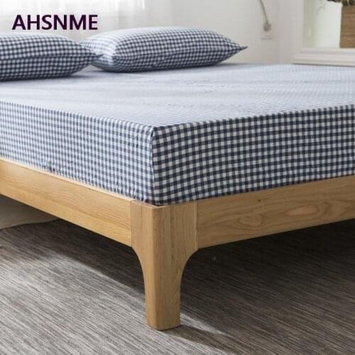 AHSNME 100% Cotton sheets Super Soft parure de lit Cool Summer Simple Blue small grid Fitted Sheet 90x200/120x200/180x200cm