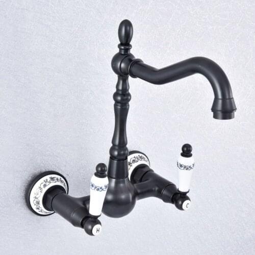 Oil Rubbed Bronze Dual Handles Bathroom Kitchen Sink Faucets Wall Mounted Swivel Spout Two Holes Kitchen Mixer Taps Nsf711