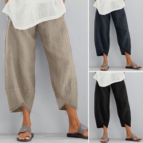 Summer Women Cotton Linen Pants Elastic Waist Solid Color Pocket Trousers Wide Leg Casual Loose Beach Cropped Capris Plus Size