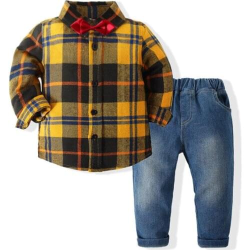 Childrens clothing boys' clothing spring and autumn childrens Plaid shirt and jeans cute suit