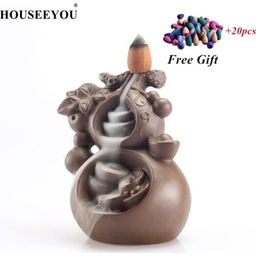 HOUSEEYOU Traditional Gourd Shaped Incense Holder +20Pcs Cones Porcelain Backflow Incense Burner Smoke Waterfall Incense Burners