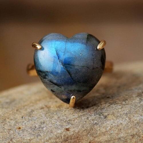 Luxury Gems Stone Heart Finger Rings Classic Labradorite Apatite Party Cocktail Adjustable Ring Anniversary Wedding Jewelry