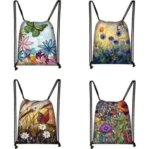 Beautiful Butterfly Backpack Portable Women Canvas Storage Bag for Travel Flower Ladies Drawstring Bags Best Gift
