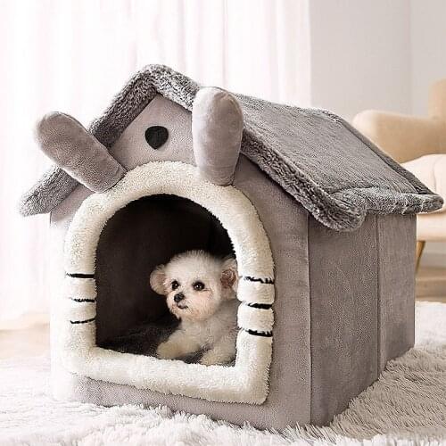 Dog Bed Warm House Grey Kennel Cat Tent Sleeping Cave Bed Self-Warming Cushion 2 In 1 Foldable Nest for Indoor Cats Kitten Puppy
