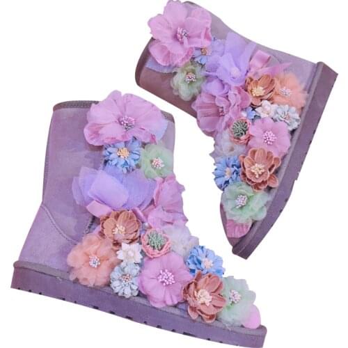Fashion 2020 Winter Luxury Woman Snow Boots 3D Flowers Mid-Calf Boots Cow Suede Warm Plush Fur Winter Shoes Woman Plus Big Size