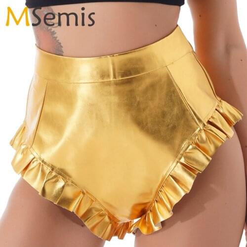 Fashion Sexy Womens Nightclub Pole Dance Shorts Ruffle PU Leather Booty Short Metallic High Waist Hot Clubwear Mini Shorts 2021