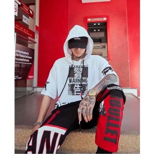 Mens T-shirt Hooded Gothic Text Print T-shirt Summer Korean Harajuku Color Block Top Daily Casual Short Sleeve Shirt