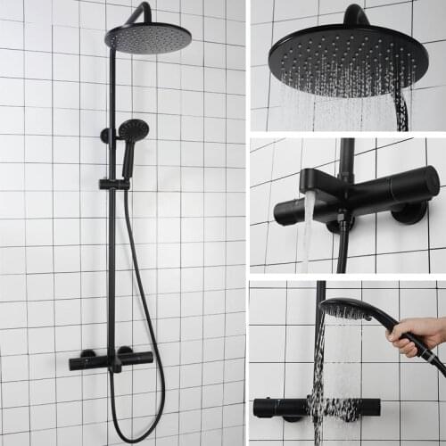 Thermostatic Shower Faucet Set Matt Black Brass Bathroom Cold And Hot Water Mixer Rainfalls Shower Tap Wall Mounted Shower Bath