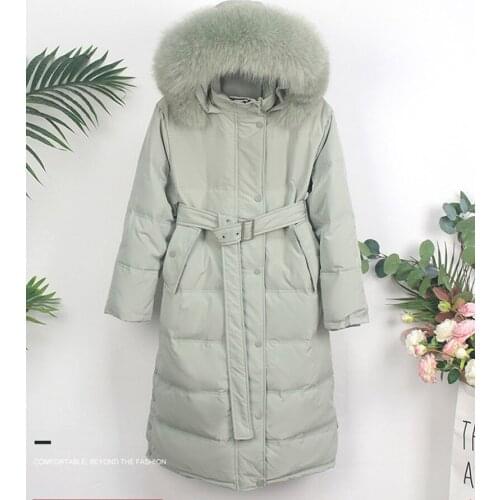 Novel white duck down parka women long-length thick big fur collar jacket white duck down parka