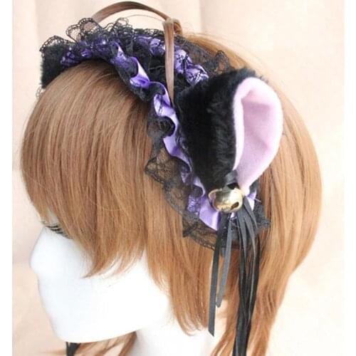 Gothic Lolita Maid Cat Ears Women Girls Ruffles Lace Headband Plush Ribbon Bell Lolita Cosplay Hair Hoop