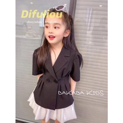 Girls' Formal Suit Summer 2021 New Temperament Solid Color Turn-down Collar Short Sleeve White Skirt Two Piece Childrens Wear
