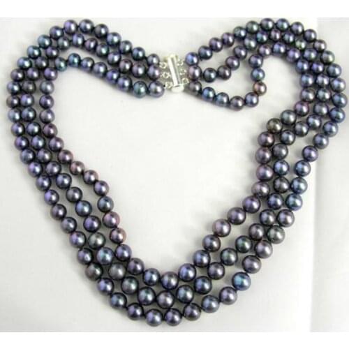 Jewelry Pearl Necklace NEW 3 Row 18" Black Round 6-7mm Cultured Freshwater Pearl Necklace Choker Free Shipping