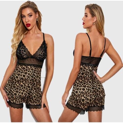 Sexy Womens Pajamas Leopard-print Chemise Sleepwear Mini Dress Womes Lingerie V Neck Summer Homewear Backless 2 Piece Pjs Set