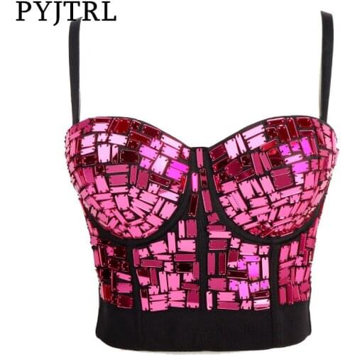 PYJTRL Sexy Ladies Night Club Camisole Women Short Sequins Slim Tights Stage Singers Dancers Navel Bra Music Festival Clothing